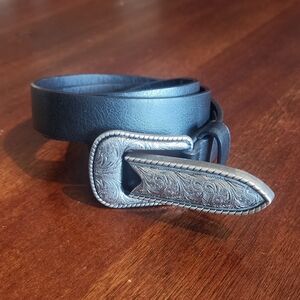 ASOS Black‎ Faux Leather Belt with Silver Buckle Sz XXS